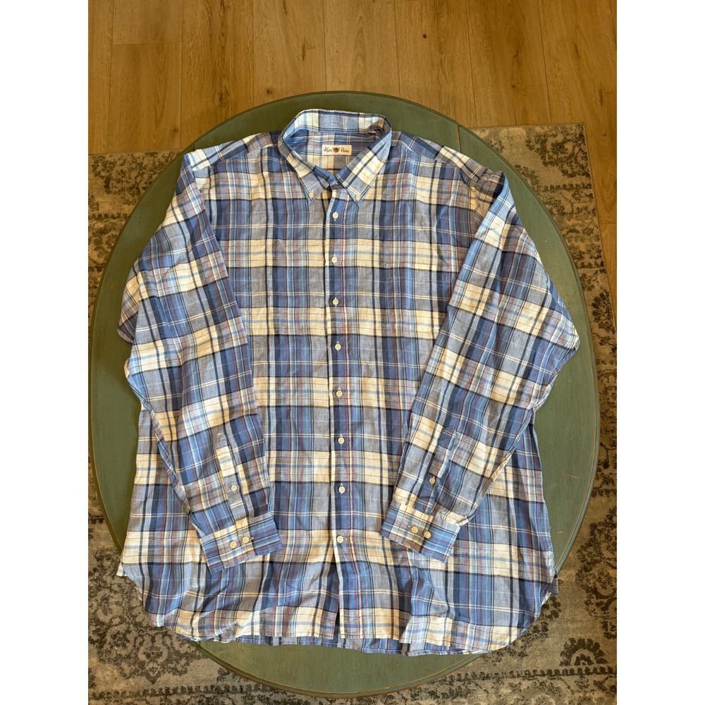 Alan Paine Mens XXL Blue‎ Plaid 100% Linen Button Down Shirt Made in Portugal